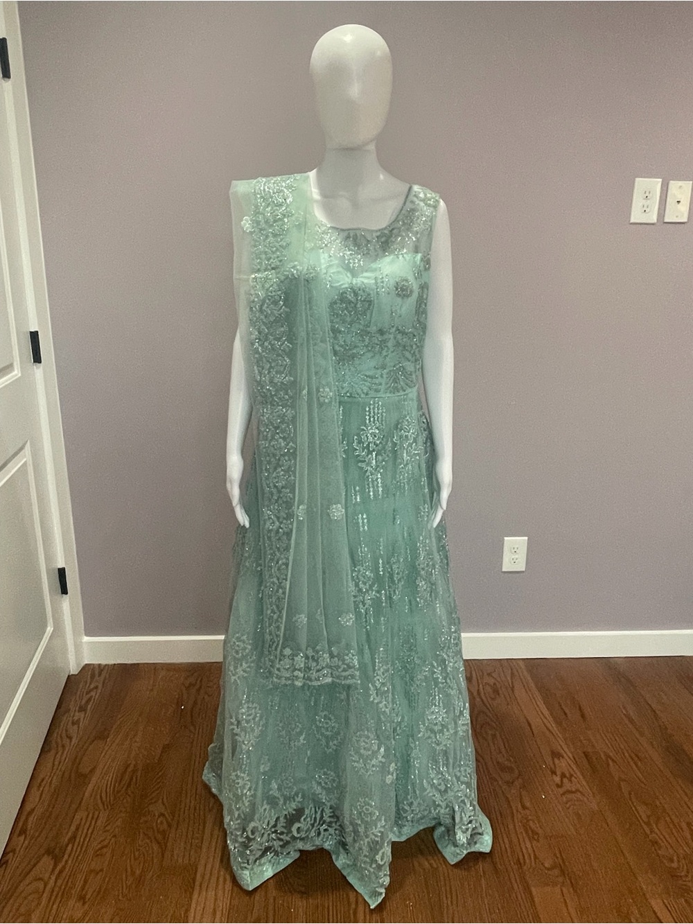 Sleeveless Mint Green Embellished Evening Gown - Picture 4 of 5